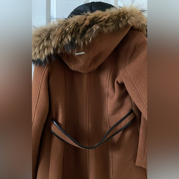 Soia and Kyo cognac brown rust tan wool coat with fur trim hood - Picture 8 of 8